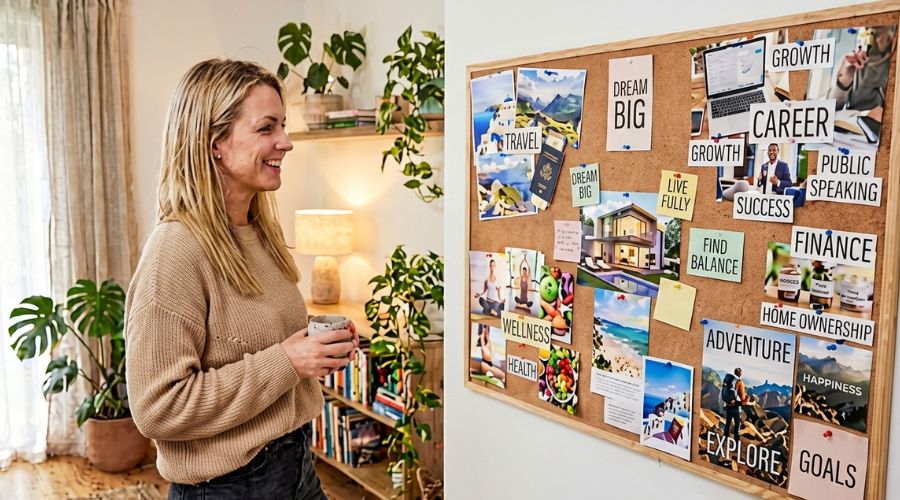 blonde, hopeful woman looking at a big vision board placed in her living room