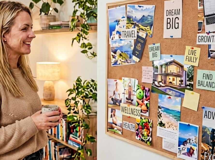 blonde woman looking at a vision board