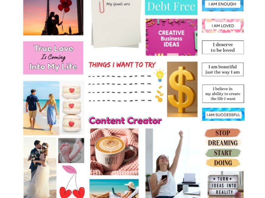 A manifestation vision board combines inspiring images, affirmations, and goals to support the manifestation process.