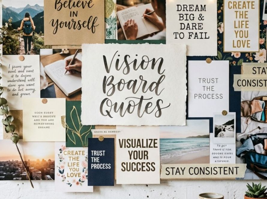 An inspiring close-up of a DIY collage board featuring motivational vision board quotes like "Believe in Yourself," "Dream Big & Dare to Fail," and "Visualize Your Success." The central card displays hand-lettered text reading "Vision Board Quotes," pinned alongside goal-setting photos, fairy lights, and affirmations above a rustic wooden desk.