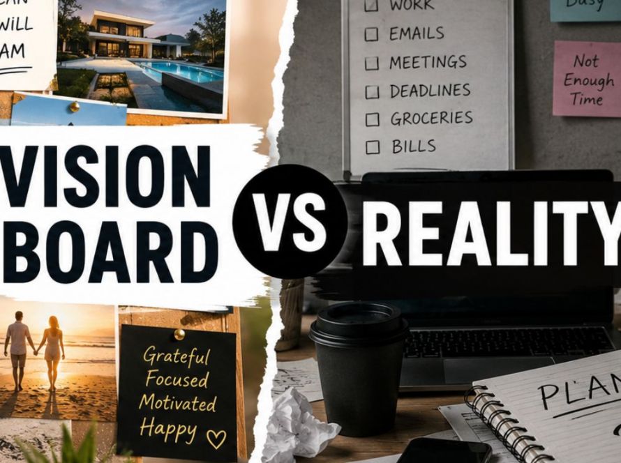 Visual comparison between dreams and execution, featuring a vision board with goal images, motivational words, and lifestyle aspirations on one side, and a realistic work environment with tasks, schedules, and daily challenges on the other. The image illustrates the gap between setting goals and achieving them.