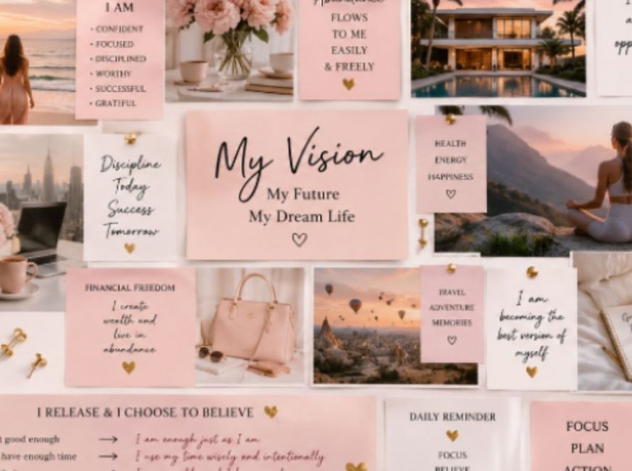 A close-up view of a pink and white vision board titled "My Vision, My Future, My Dream Life." It features a collage of aspirational images, including a tropical luxury villa, a woman meditating on a mountain, and hot air balloons, interspersed with pink cards containing positive affirmations and life goals pinned with gold tacks.