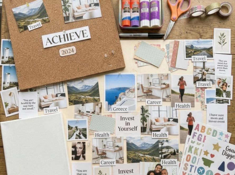 Square flat lay view of craft items from a vision board supplies checklist, showcasing a corkboard, poster board covered in aesthetic imagery, a blank white canvas, detail scissors, glue sticks, and colorful goal stickers tightly organized on a wood table surface.