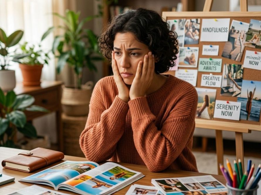 An anxious young woman with short curly hair sits at a desk with magazines and supplies, her head in her hands, looking stressed next to a vision board.