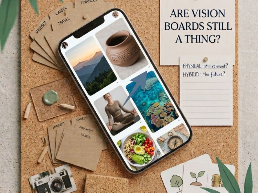 Are vision boards still a thing in 2026? Cork board with phone displaying a digital vision board, category dividers and manifestation cards