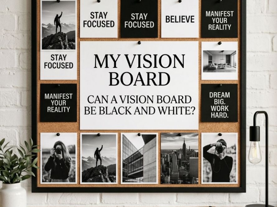 A curated black and white vision board on a corkboard, featuring inspiring images, motivational quotes, and goal reminders in a clean, high-contrast aesthetic, including a prominent central card asking "Can a vision board be black and white?"