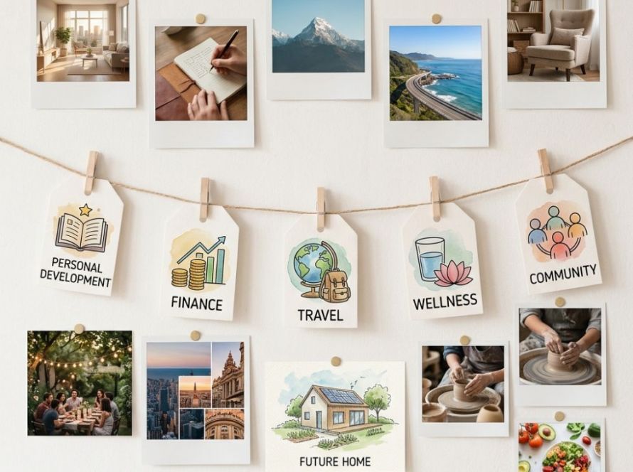 A wall-mounted vision board display on a clean white background, featuring a collection of instant photos (Polaroids) pinned with brass tacks and several custom-designed category tags on a twine line with clothes pins. The photos depict aspirational scenes like a modern living room, travel, a mountain landscape, and creativity. Below them, custom tags with icons are labeled "Personal Development," "Finance," "Travel," "Wellness," and "Community." The bottom row includes additional inspirational photos, a custom "Future Home" sketch, and pottery and healthy eating images, all arranged to answer the question: how many pictures do you need for a vision board.