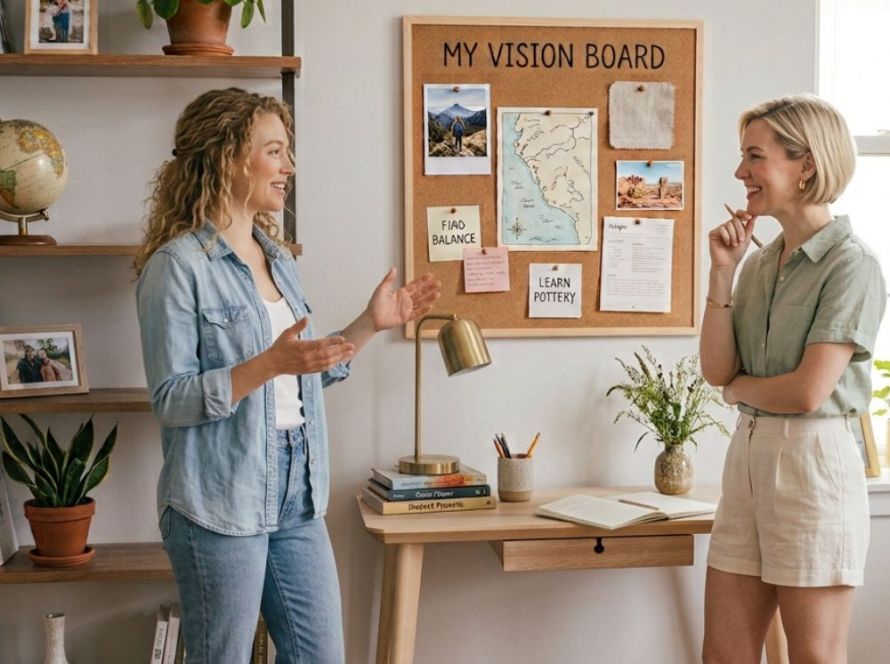 A photorealistic image of two young women discussing a corkboard titled 'MY VISION BOARD' in a home office. One woman, with curly hair and a denim outfit, gestures toward the board, which features a world map, a photo of hikers, a fabric swatch, and specific notes that say 'FIND BALANCE' and 'LEARN POTTERY'. The second woman, with blonde hair and shorts, smiles and points to her chin with a pencil. The composition highlights the concept of sharing a vision board for collaboration and feedback.