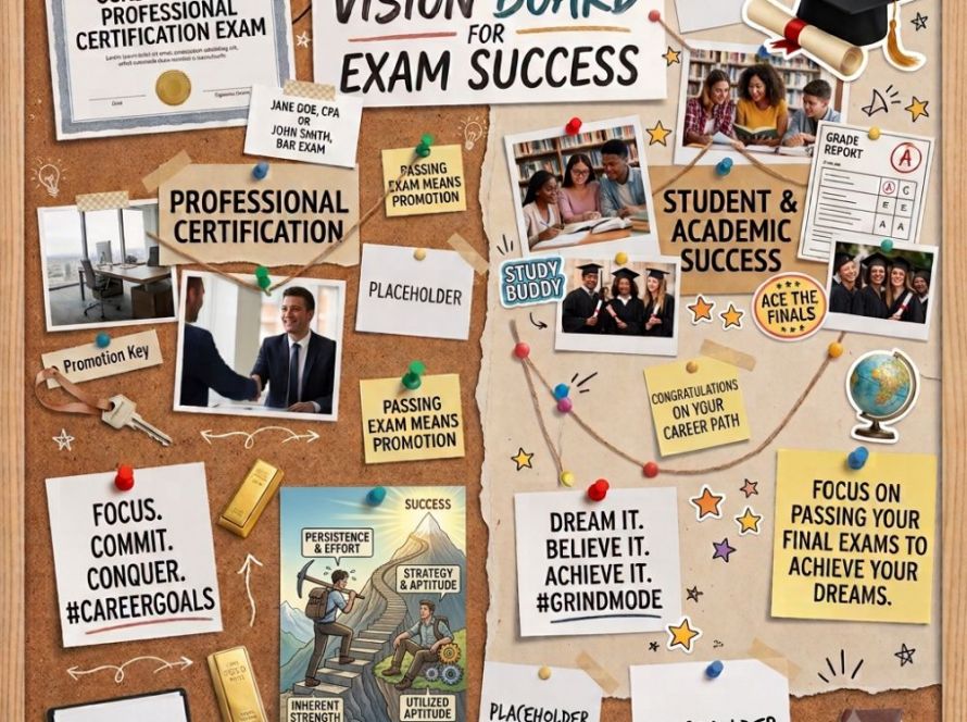 An incredibly detailed and well-lit cork bulletin board, organized as a dual-path vision board for exam success. The top-center header, made of torn paper and string, reads "VISION BOARD FOR EXAM SUCCESS." The board is divided into "Professional Certification" and "Student & Academic Success."
