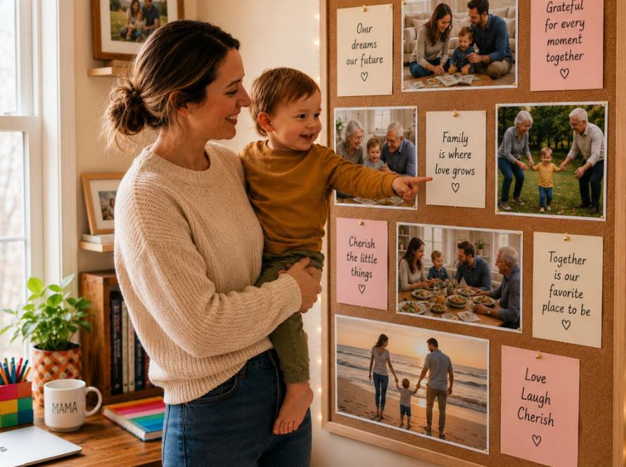 Vision board for moms featuring a mother and toddler looking at a family vision board with photos of parents, their young son, and grandparents, highlighting family goals, love, and cherished memories.