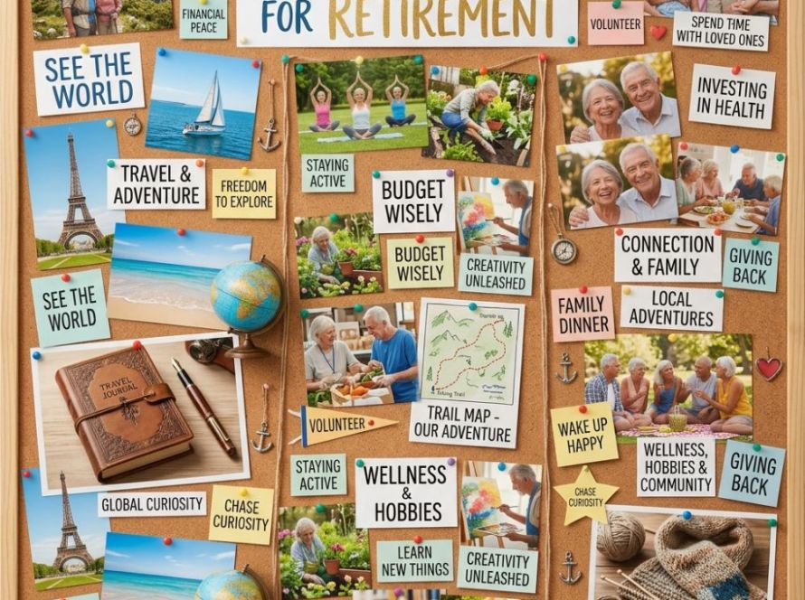 A photograph of a large cork board used as a retirement vision board. It is densely pinned with colorful photos, notes, and objects. The top center features a gold textured title "Vision Board for Retirement".