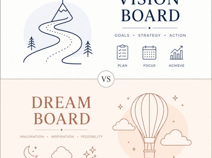 Vision board vs dream board comparison infographic showing how a vision board focuses on goals, planning and action, while a dream board emphasizes inspiration, imagination and visualization.