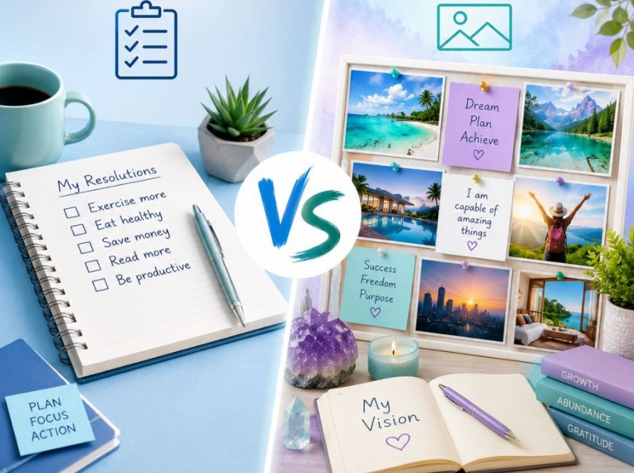 Vision board vs resolution infographic comparing a written New Year's resolution checklist with a colorful vision board filled with goal images and affirmations, highlighting different approaches to achieving personal goals.