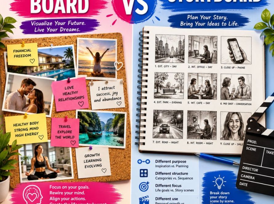 Vision board vs storyboard infographic comparing a colorful vision board filled with personal goals and affirmations alongside a storyboard with sequential planning panels, illustrating the key differences between visualizing life goals and planning creative projects.