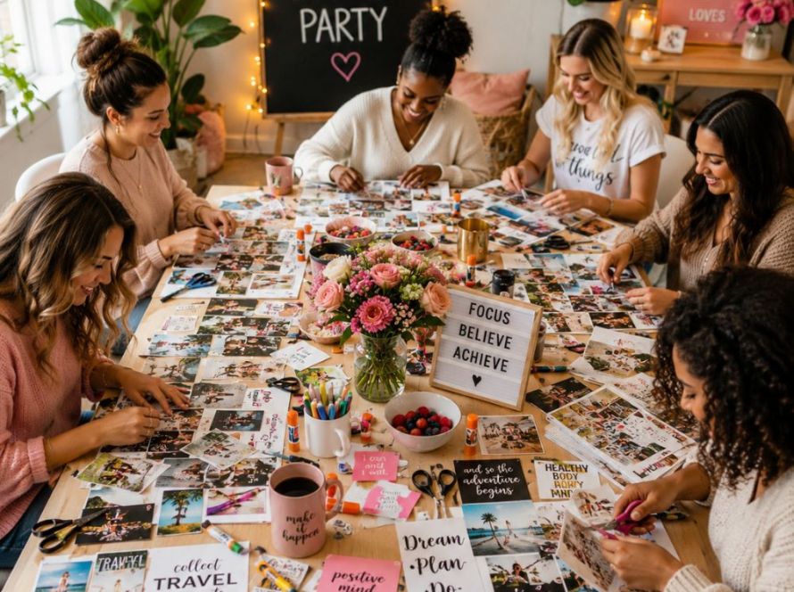 Group of women attending a vision board party, designing personalized vision boards with inspiring images, quotes, and affirmations in a cozy setting.