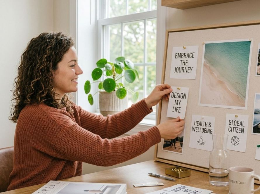 A smiling woman with curly hair, wearing a cozy brown sweater, sits at a wooden desk and pins inspiring quotes to a beige pinboard, creating a visual dream board.