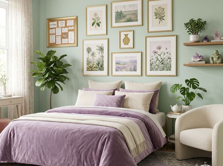 A serene, mint-green styled bedroom features a bed with lavender velvet bedding. Above the headboard, a curated gallery wall includes gold-framed botanical prints and a traditional landscape. To the far right, above a desk, a framed vision board with various goals—like 'Be Happy', 'Career Goals', and 'Travel'—is displayed, flanked by a Fiddle Leaf Fig tree. On the right, a floating shelf holds crystals, a jade plant, and a Buddha statue. A textured armchair sits next to a compass icon on the rug, showing a coordinated 'Manifestation and Wellness' corner.
