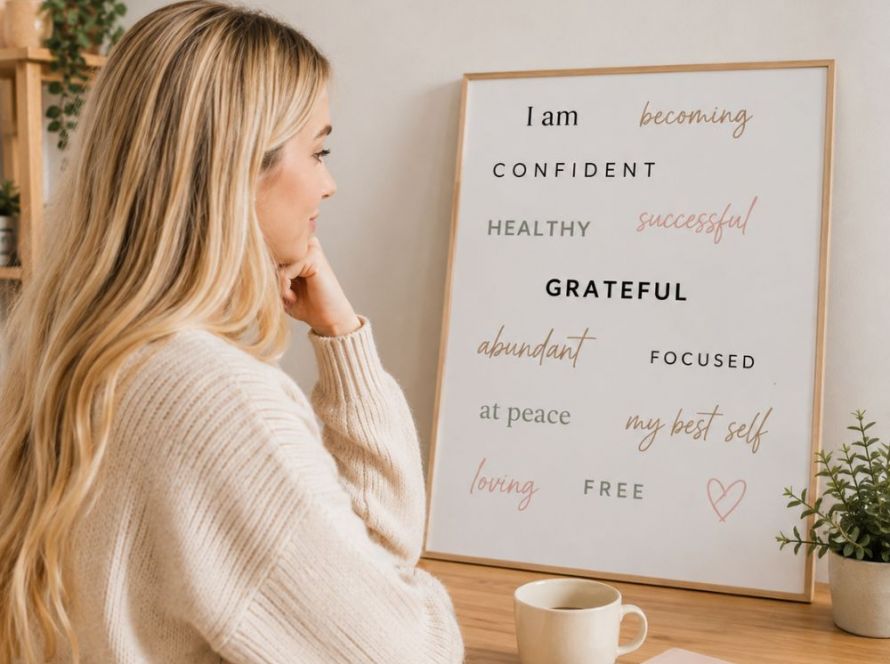 A young woman with long hair looks at a word-only vision board featuring affirmations and motivational words instead of pictures.