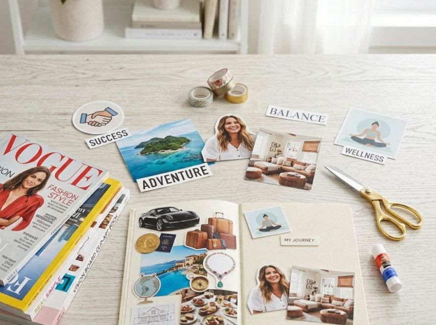 A detailed overhead shot of a creative workspace where a "MY JOURNEY" vision board journal is being assembled on a light wooden table. Surrounding the open notebook, which contains cutouts for adventure, wellness, and luxury travel, are essential supplies including gold crafting scissors, a gluestick, and various washi tapes. The image clearly features stacks of vision board magazines such as Vogue, National Geographic, and Real Simple, alongside inspirational word cutouts and curated photos, capturing the complete process of vision board creation.