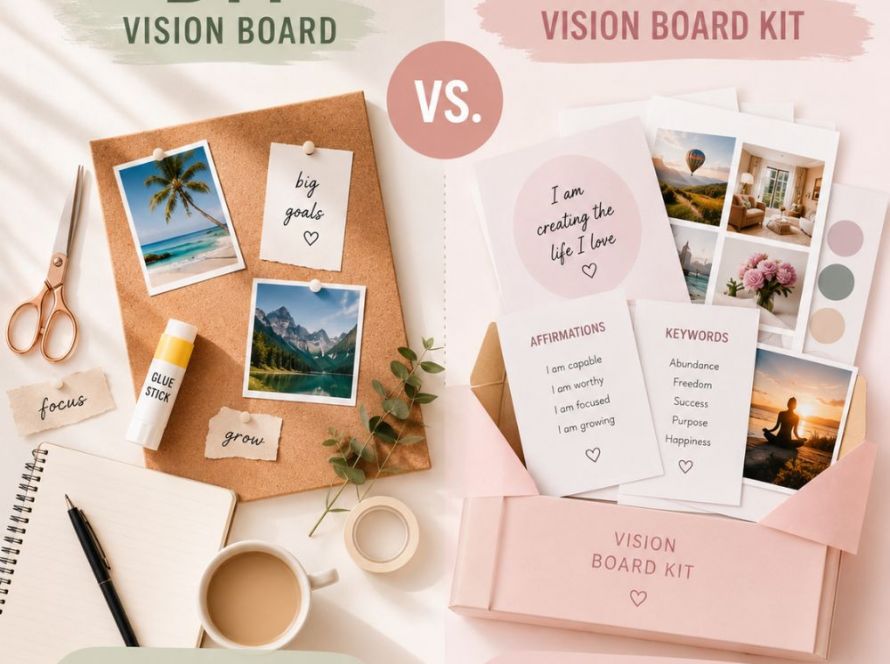Side by side comparison of a DIY vision board and pre-made vision board kit with affirmations and pictures.