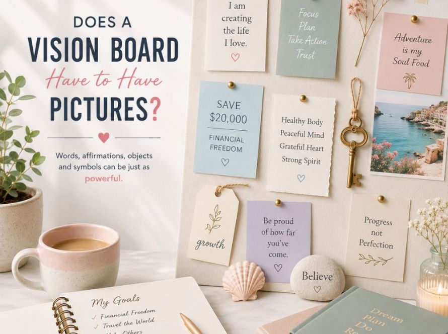 Example of a vision board without pictures using affirmations, symbols, numbers, a decorative key, and keepsakes to represent personal goals.