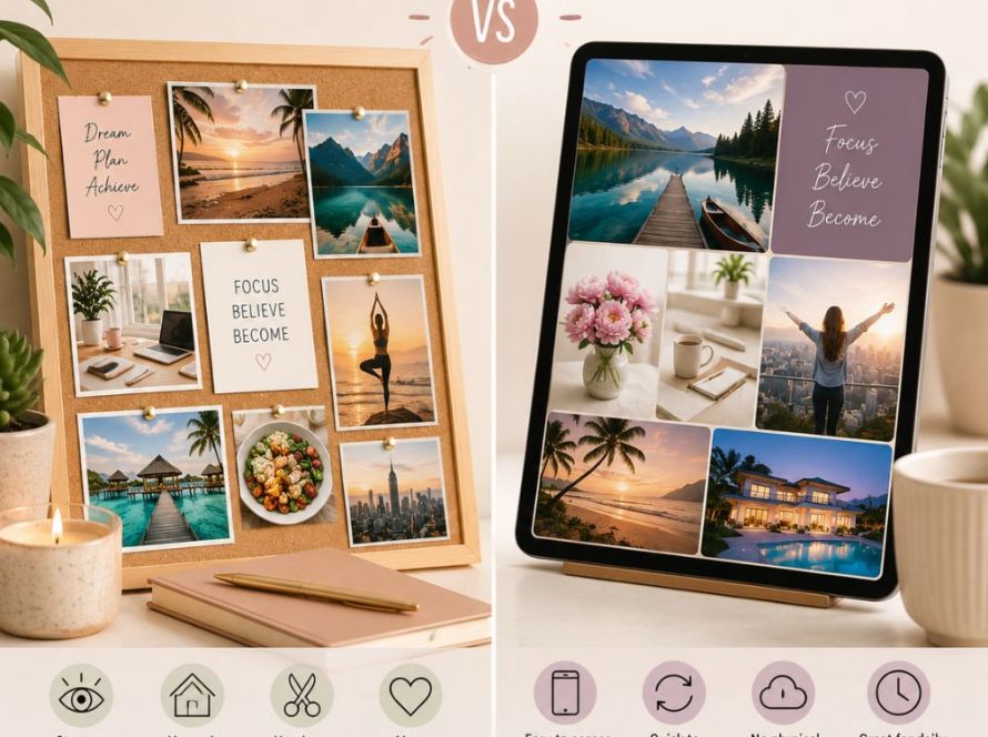 Physical vs. digital vision board comparison showing a traditional corkboard collage on the left and a digital vision board displayed on a tablet on the right.