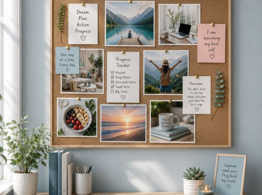Wall-mounted vision board with a progress tracker, personal goals, affirmations, and lifestyle images above a small wooden desk.