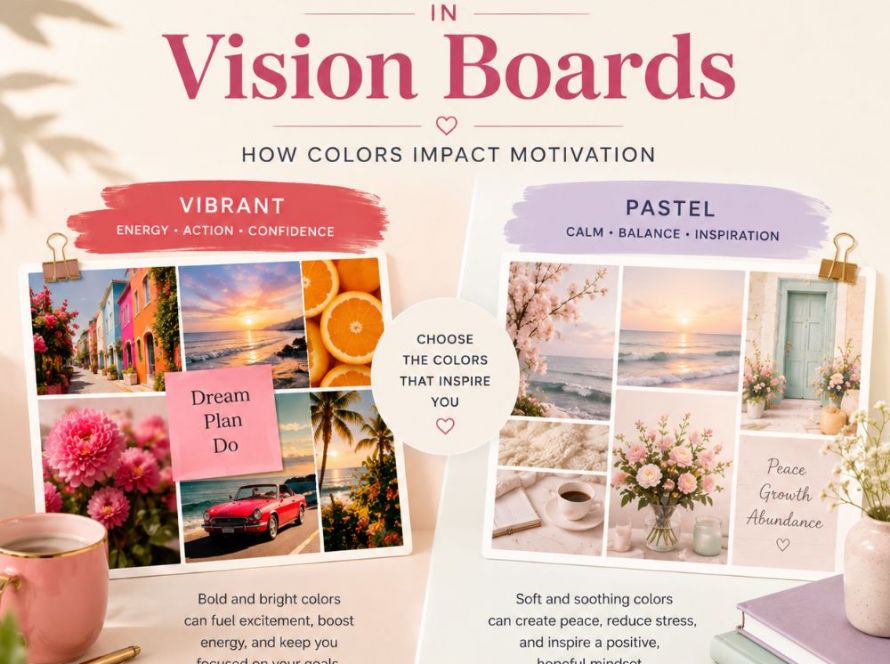 Color psychology in vision boards with vibrant and pastel color palettes compared for their different effects on energy, confidence, calm, balance, and inspiration.